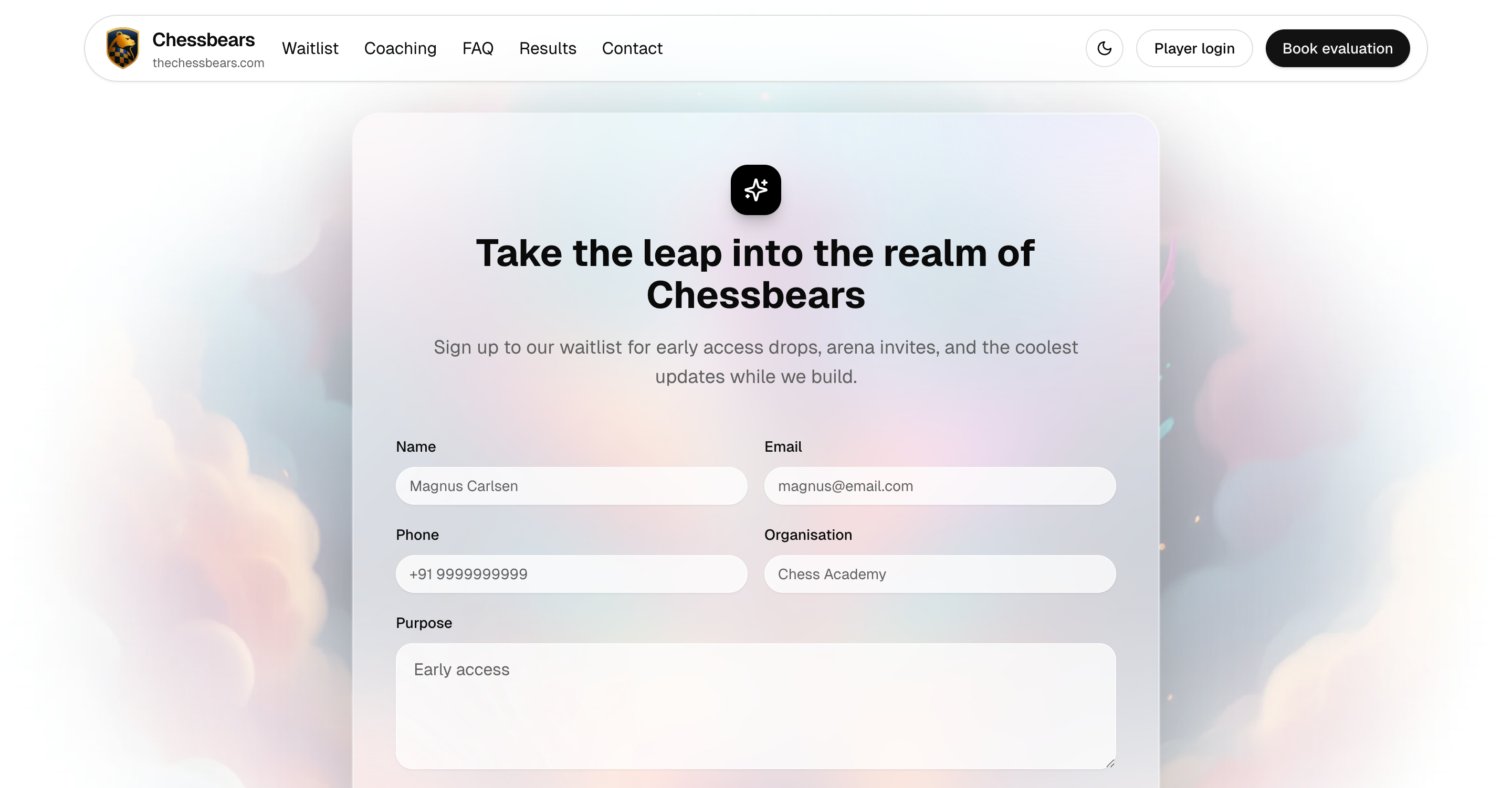 Chess Bears homepage hero with skyline illustration.