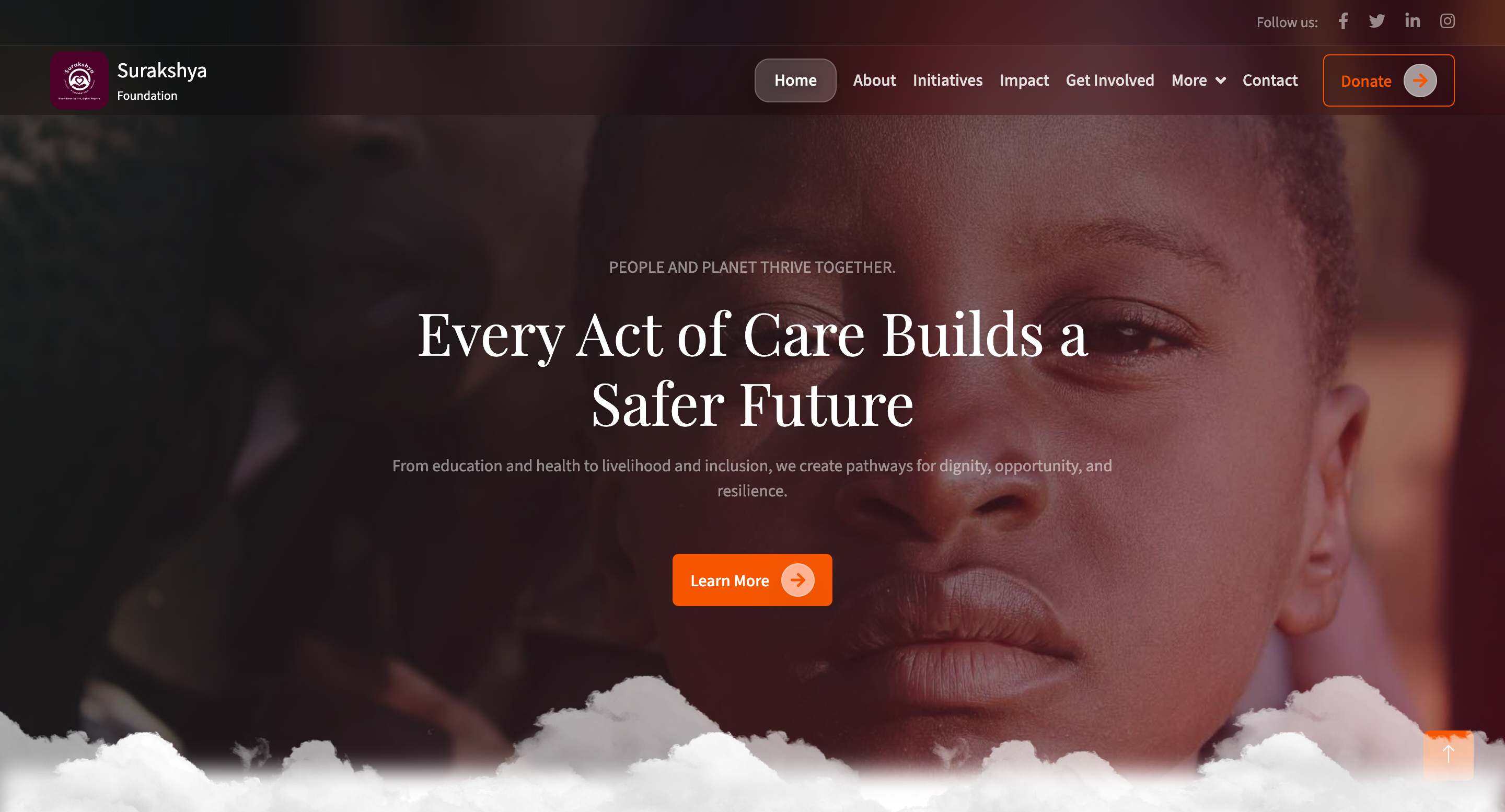 Surakshya Foundation homepage hero with illustration of empowered women and children.